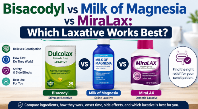 Bisacodyl vs Milk of Magnesia vs MiraLax: Which Laxative Works Best? Bisacodyl vs Milk of Magnesia vs MiraLax: Which Laxative Works Best?