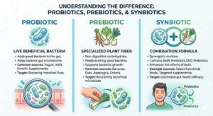 Probiotics vs Prebiotics vs Synbiotics